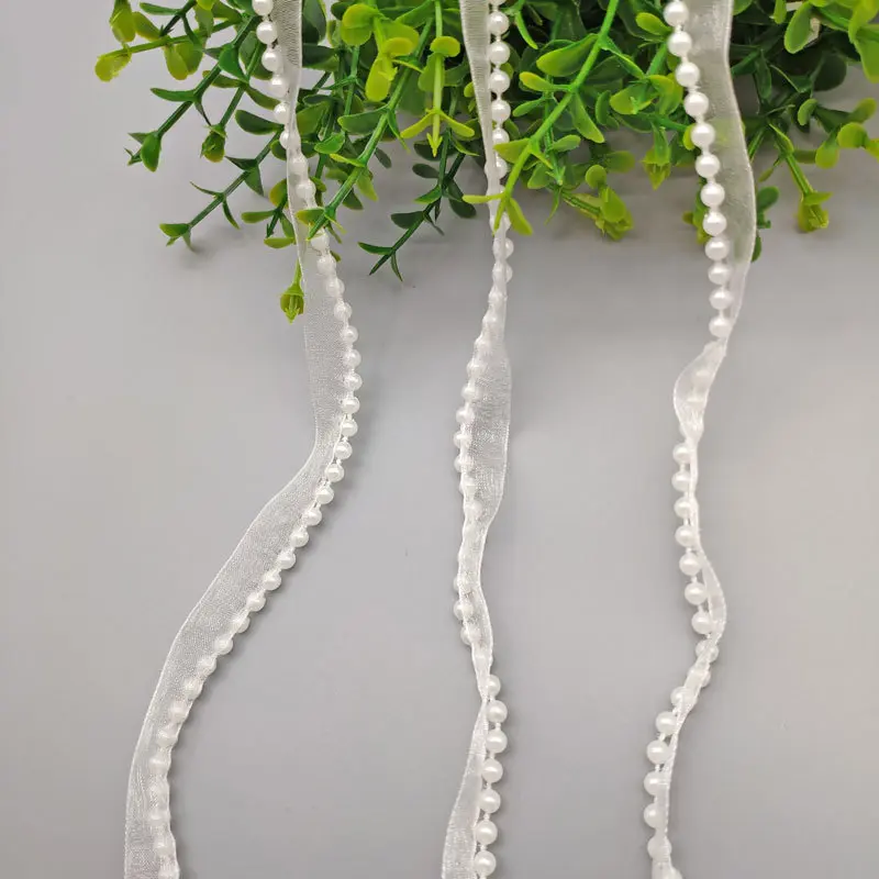 5Meters/Lot 1.2cm Chiffon Lace Ribbon with Fake Pearl DIY Apparel Sewing & Fabric Beaded White Lace Trimming Garment Tape