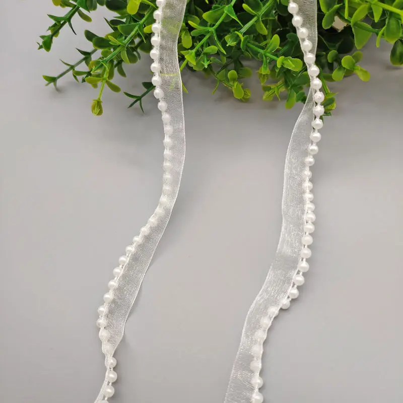 5Meters/Lot 1.2cm Chiffon Lace Ribbon with Fake Pearl DIY Apparel Sewing & Fabric Beaded White Lace Trimming Garment Tape