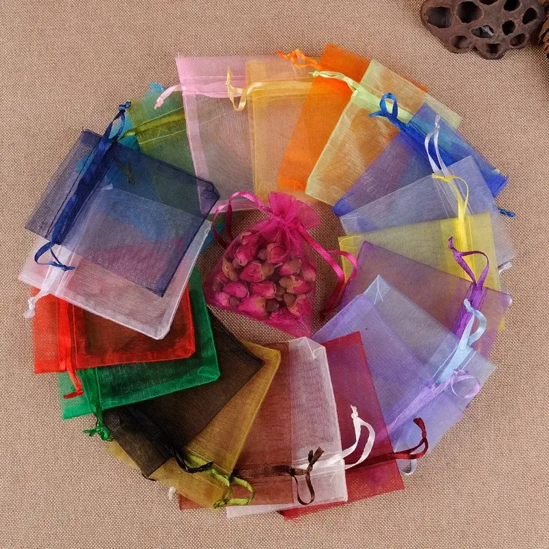100pcs 9x12cm Organza Bags Jewelry Packaging Bags Wedding Birthday Event Party Decoration Drawable Bags Gift Box Candy Pouches