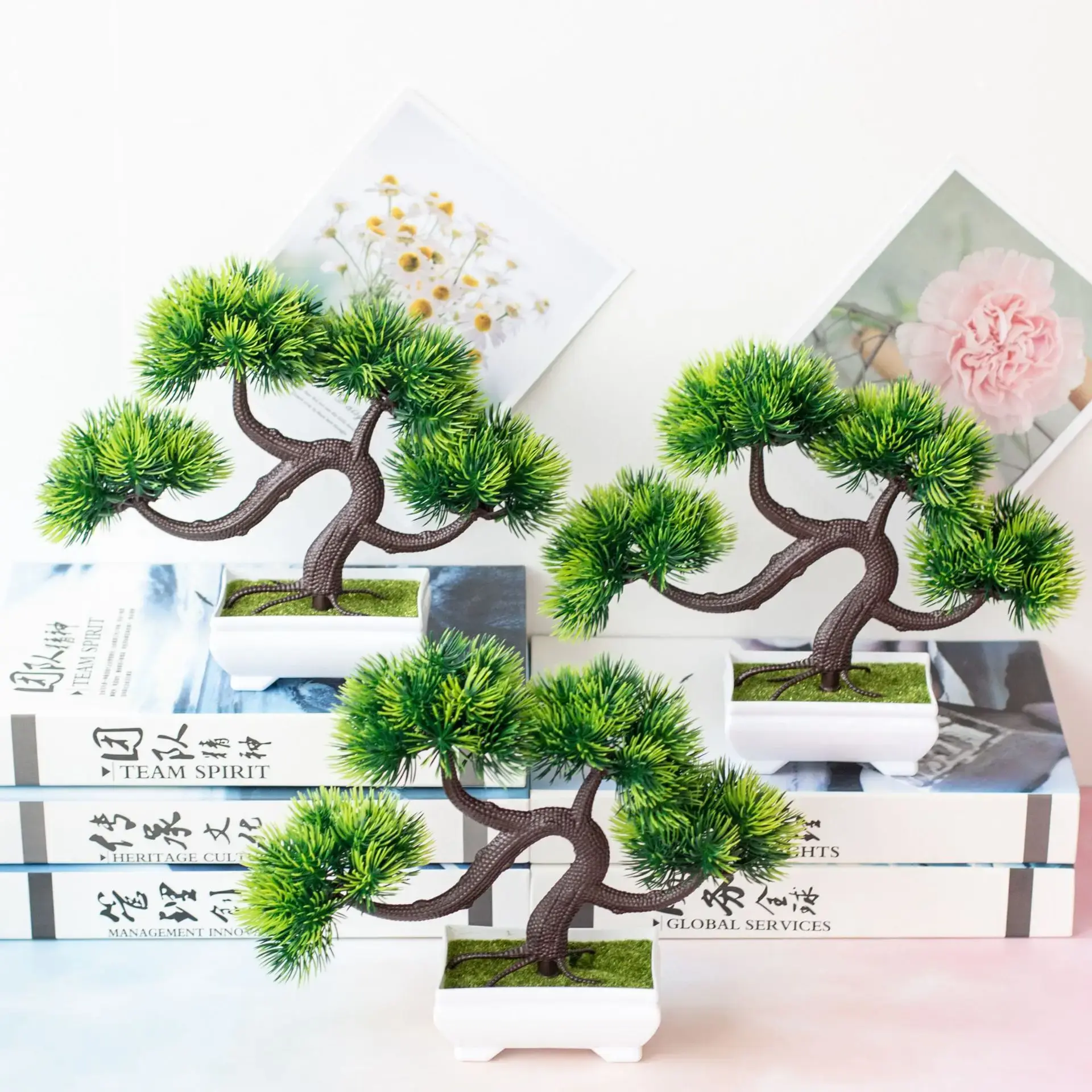 23x28cm Green Artificial Pine Tree Potted Bonsai 4Forks Grass Ball Simulation Guest Greeting Small Tree Plants Bonsai Home Decor