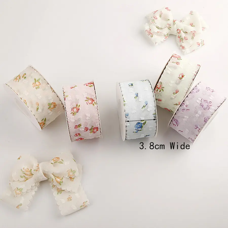 2Yards/Lot Chiffon Velvet Polka Dot Flower Ribbon Lace Fabric for DIY Clothing Decoration Wedding Party Decor 3.8cm Width