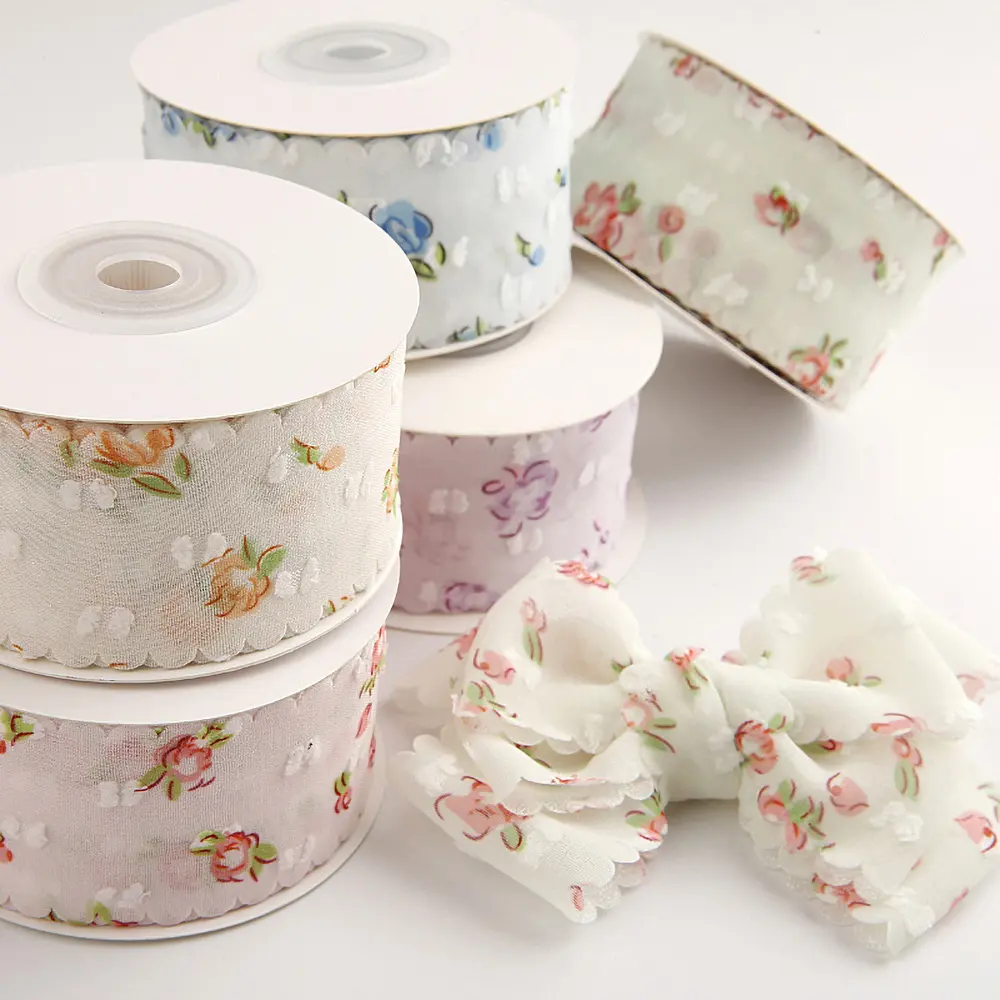 2Yards/Lot Chiffon Velvet Polka Dot Flower Ribbon Lace Fabric for DIY Clothing Decoration Wedding Party Decor 3.8cm Width