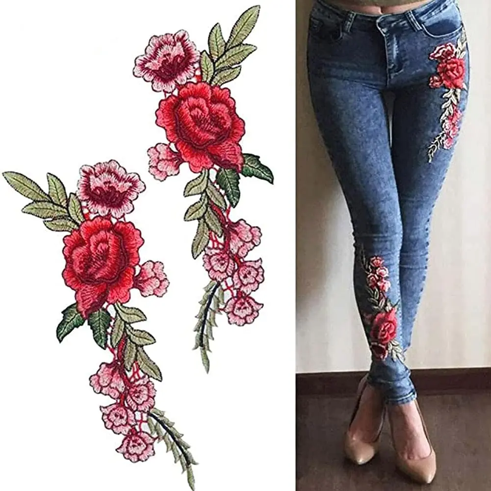 1 Pair Rose Flower Embroidery Patches Fabrics Clothing Bags Evening Dress Accessories Appliques Sewing Patch Crafts Supplies