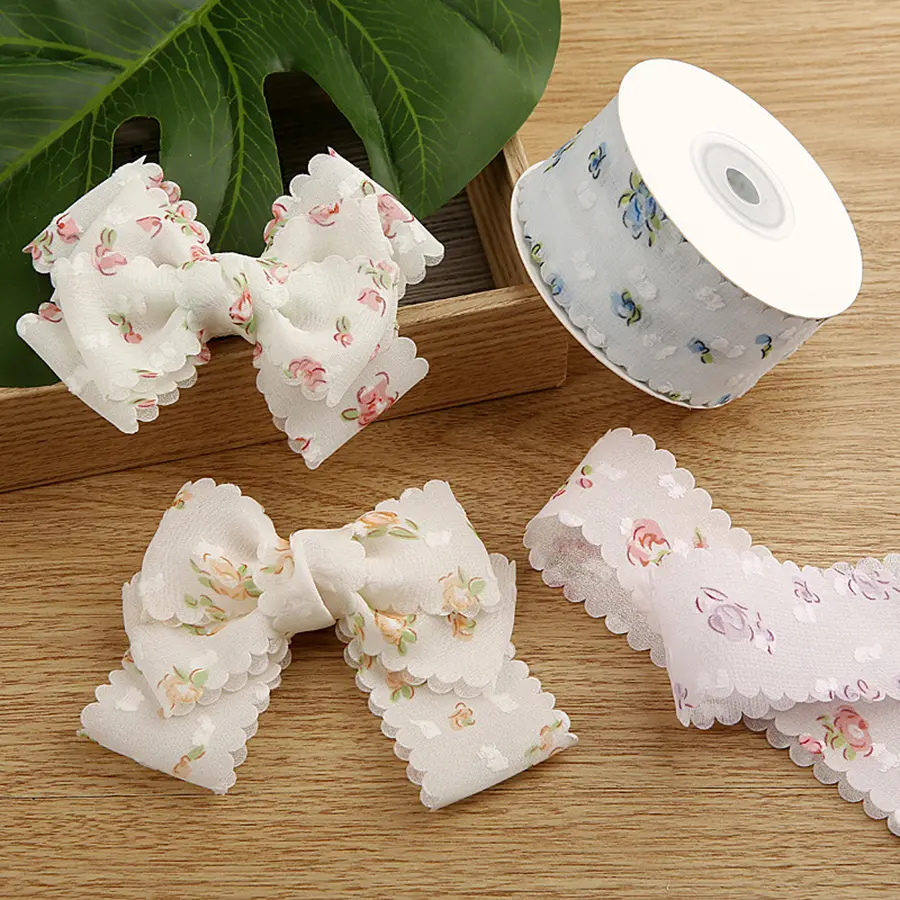 2Yards/Lot Chiffon Velvet Polka Dot Flower Ribbon Lace Fabric for DIY Clothing Decoration Wedding Party Decor 3.8cm Width