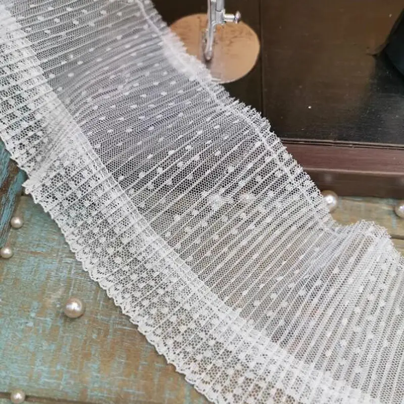 1Yard Elastic Wave Point Mesh White Black Dot Lace Fabric Handmade DIY Wedding Dresses Sewn Decoration 10.5CM Wide