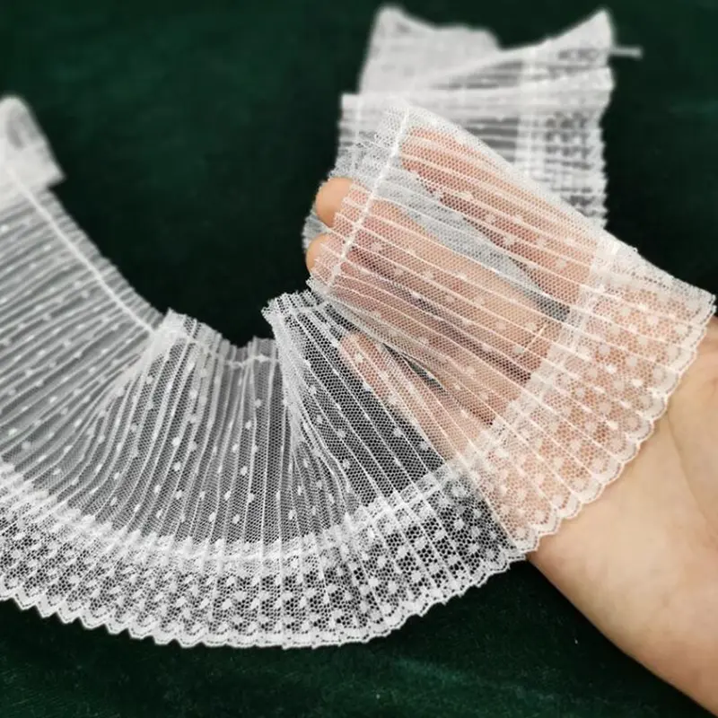1Yard Elastic Wave Point Mesh White Black Dot Lace Fabric Handmade DIY Wedding Dresses Sewn Decoration 10.5CM Wide