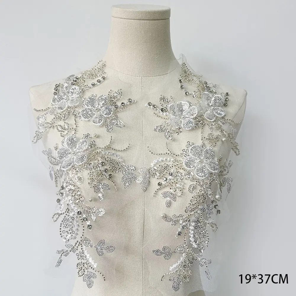 White Flower Sequin Embroidery Patches Fabric For Wedding Evening Dress Accessories Sewing Handmade Applique Repair Crafts