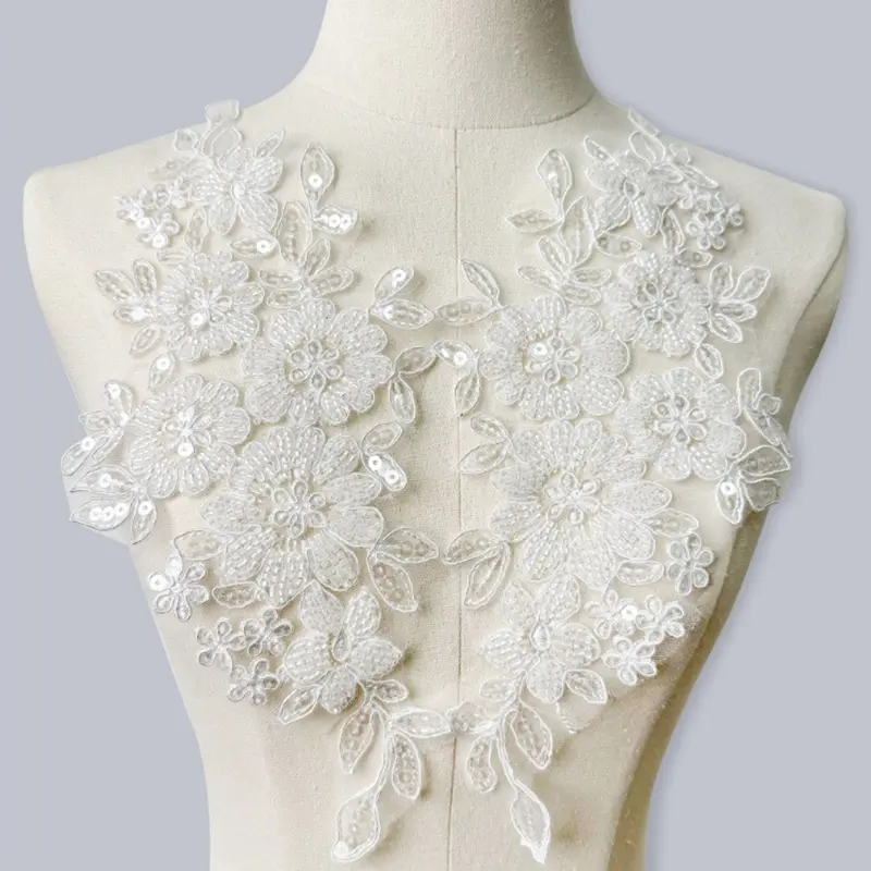 White Flower Sequin Embroidery Patches Fabric For Wedding Evening Dress Accessories Sewing Handmade Applique Repair Crafts