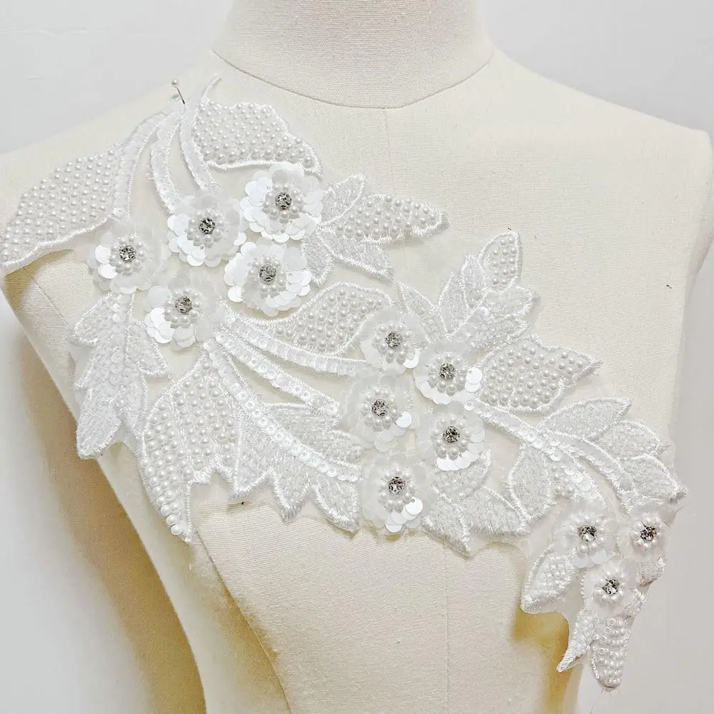 White Flower Sequin Embroidery Patches Fabric For Wedding Evening Dress Accessories Sewing Handmade Applique Repair Crafts