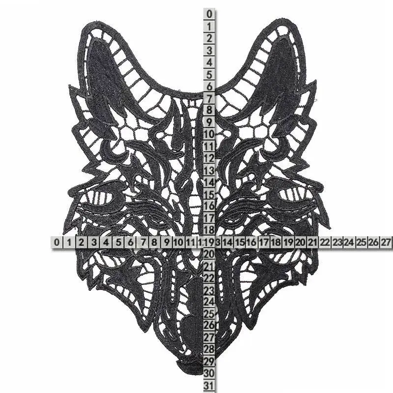 1Pcs Black and White Wolf Shaped Fabric With Lace Fabric Embroidery Collar Clothing Sewing Accessories Patches