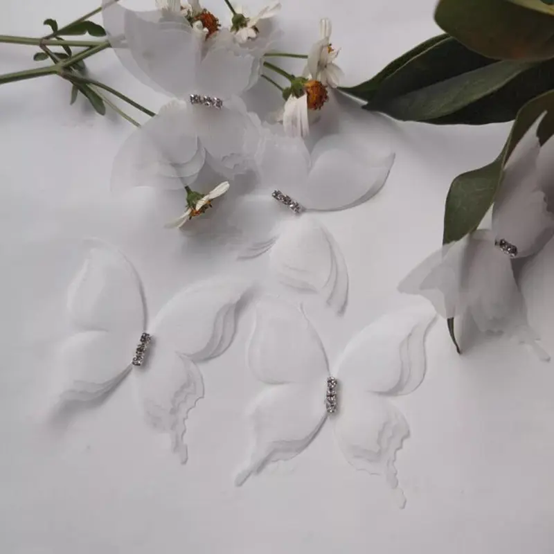 10 Pcs Three Layer Solid Color Chiffon Butterfly Wing Cloth Stickers DIY Materials Clothing Curtains Accessories