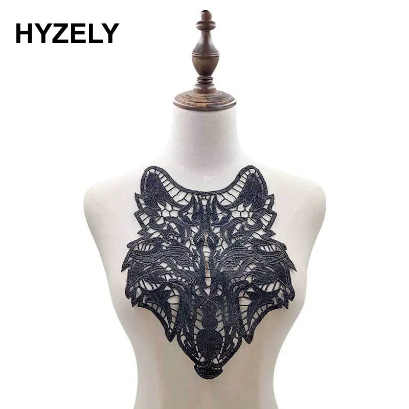 1Pcs Black and White Wolf Shaped Fabric With Lace Fabric Embroidery Collar Clothing Sewing Accessories Patches