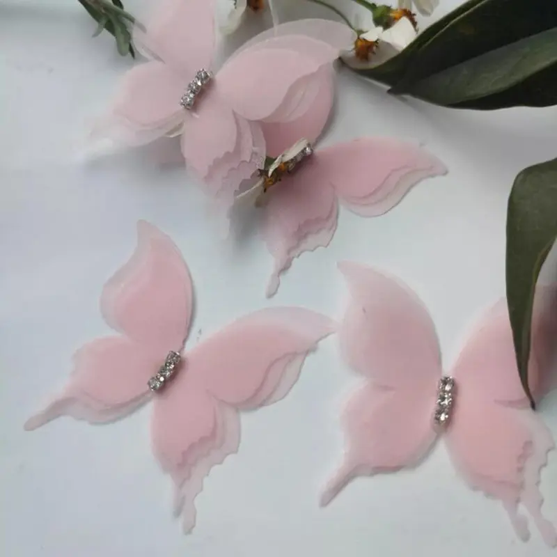 10 Pcs Three Layer Solid Color Chiffon Butterfly Wing Cloth Stickers DIY Materials Clothing Curtains Accessories