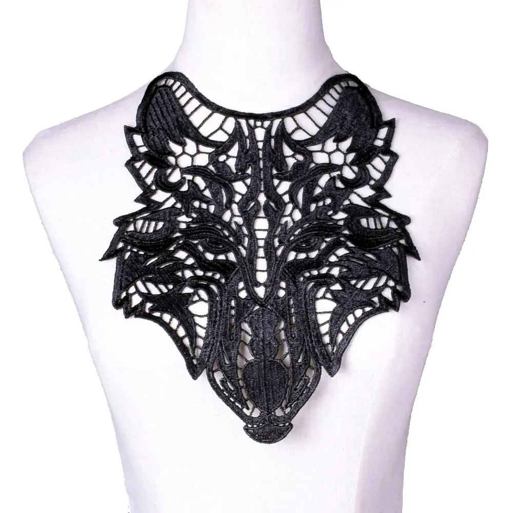 1Pcs Black and White Wolf Shaped Fabric With Lace Fabric Embroidery Collar Clothing Sewing Accessories Patches