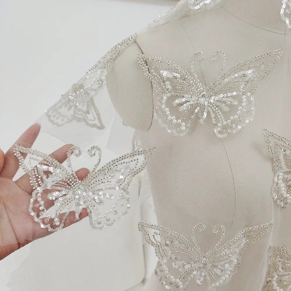 1Pc White Butterfly Patch Handmade For Wedding Dress Clothing  Applique Decoration Beads Sequins Patch Pearl
