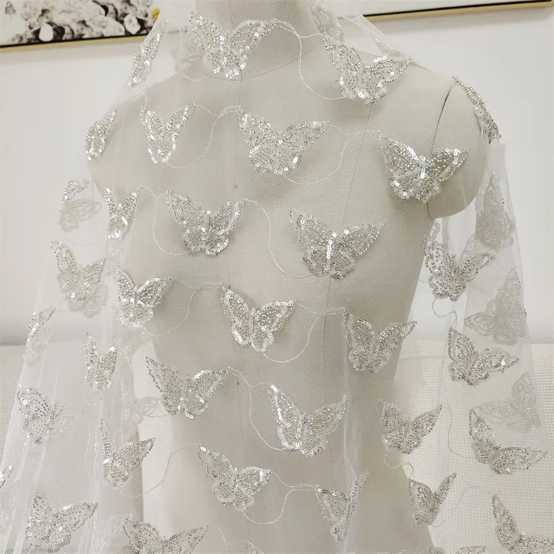 1Pc White Butterfly Patch Handmade For Wedding Dress Clothing  Applique Decoration Beads Sequins Patch Pearl