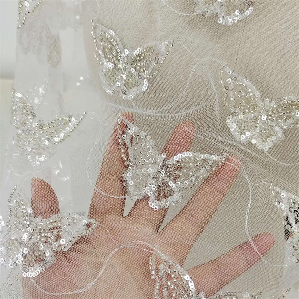 1Pc White Butterfly Patch Handmade For Wedding Dress Clothing  Applique Decoration Beads Sequins Patch Pearl