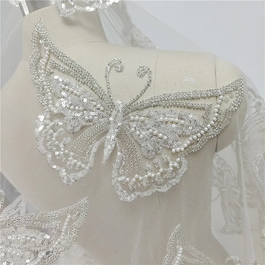 1Pc White Butterfly Patch Handmade For Wedding Dress Clothing  Applique Decoration Beads Sequins Patch Pearl