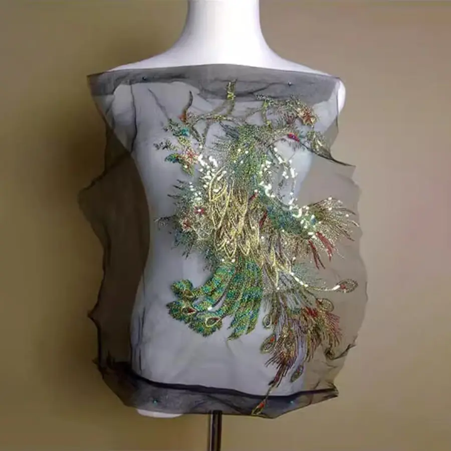 1Pc Sequins Embroidered Peacock Applique Trimming Sew On Patch Wedding Gown Dress DIY Crafts