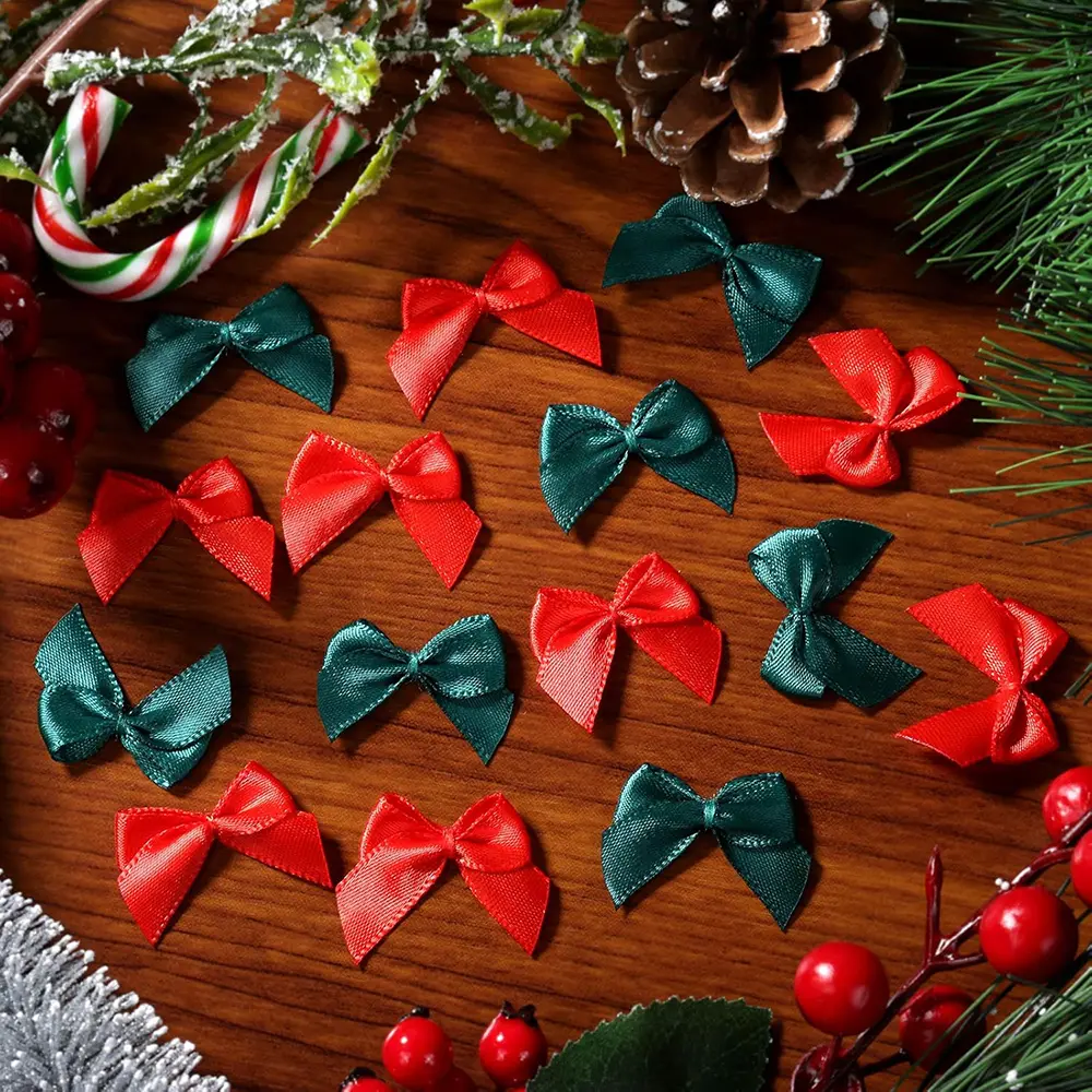100 Pcs Red and Green Ribbon Small Bow Patches Polyester Ribbon DIY Clothing Ribbon Accessories Patches