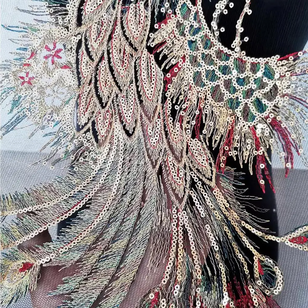 1Pc Sequins Embroidered Peacock Applique Trimming Sew On Patch Wedding Gown Dress DIY Crafts