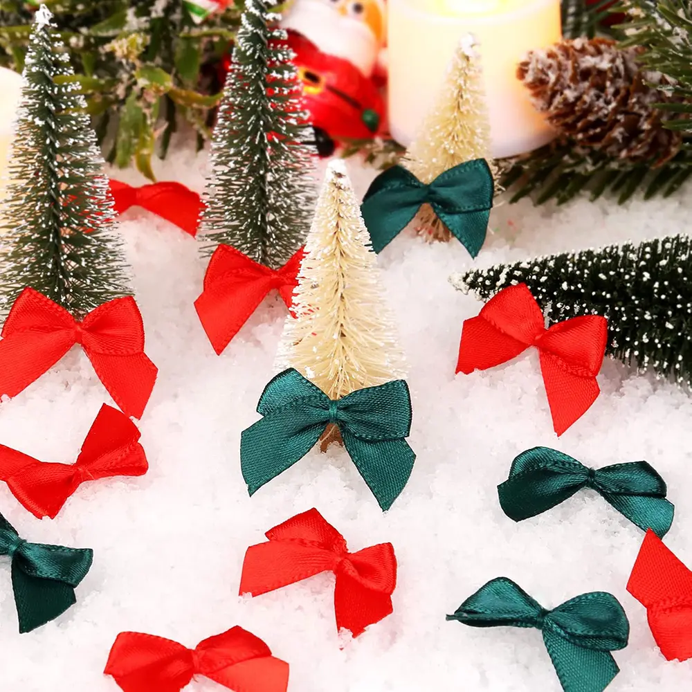 100 Pcs Red and Green Ribbon Small Bow Patches Polyester Ribbon DIY Clothing Ribbon Accessories Patches