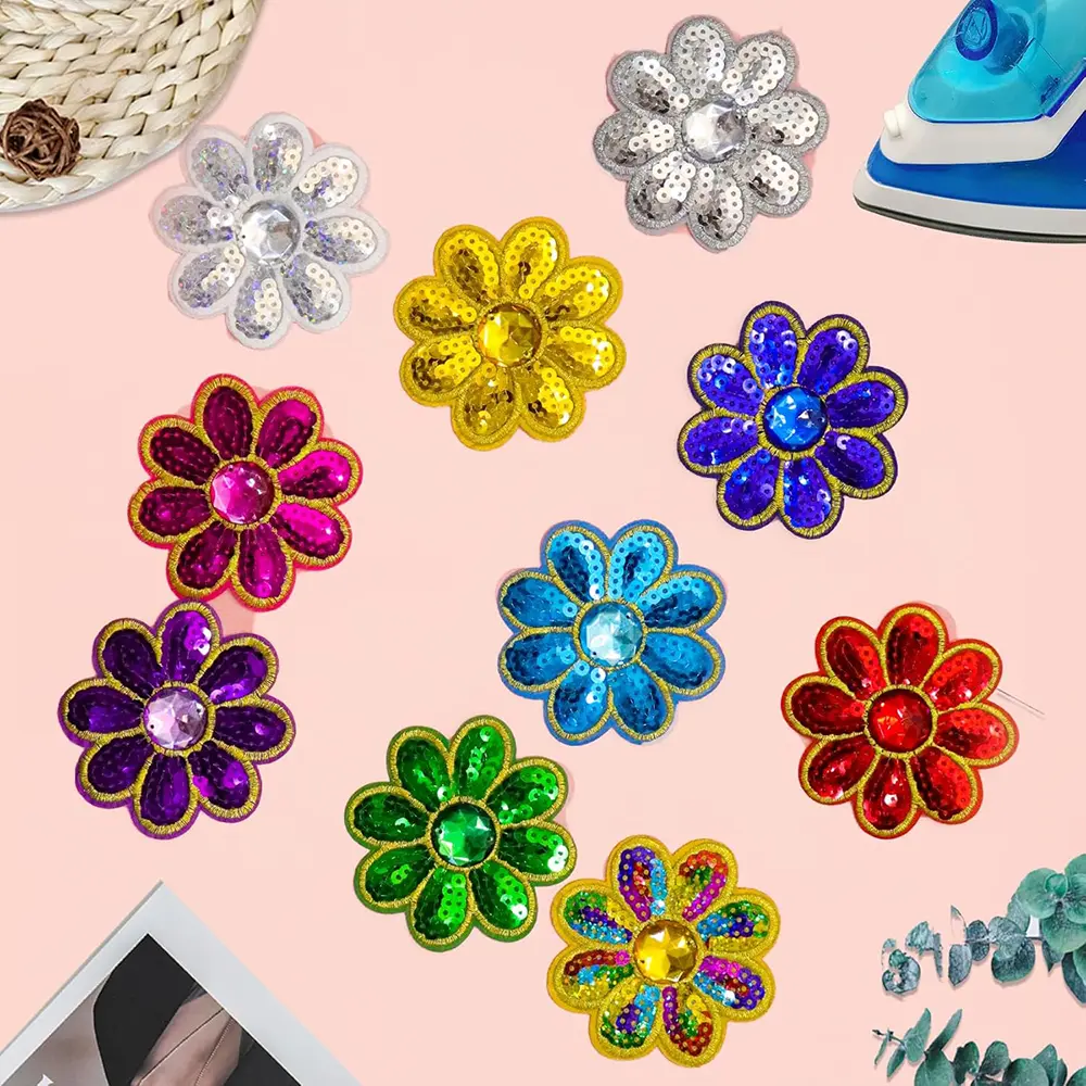 5Pcs Flower Sequined Appliques Iron on Embroidered Patches for Clothing Bags  Jackets Jeans Curtain DIY Accessory Craft Decal