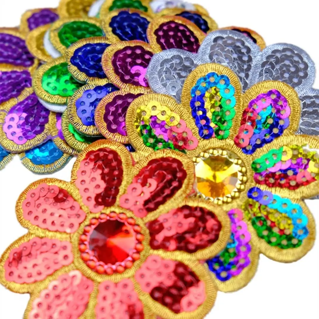 5Pcs Flower Sequined Appliques Iron on Embroidered Patches for Clothing Bags  Jackets Jeans Curtain DIY Accessory Craft Decal