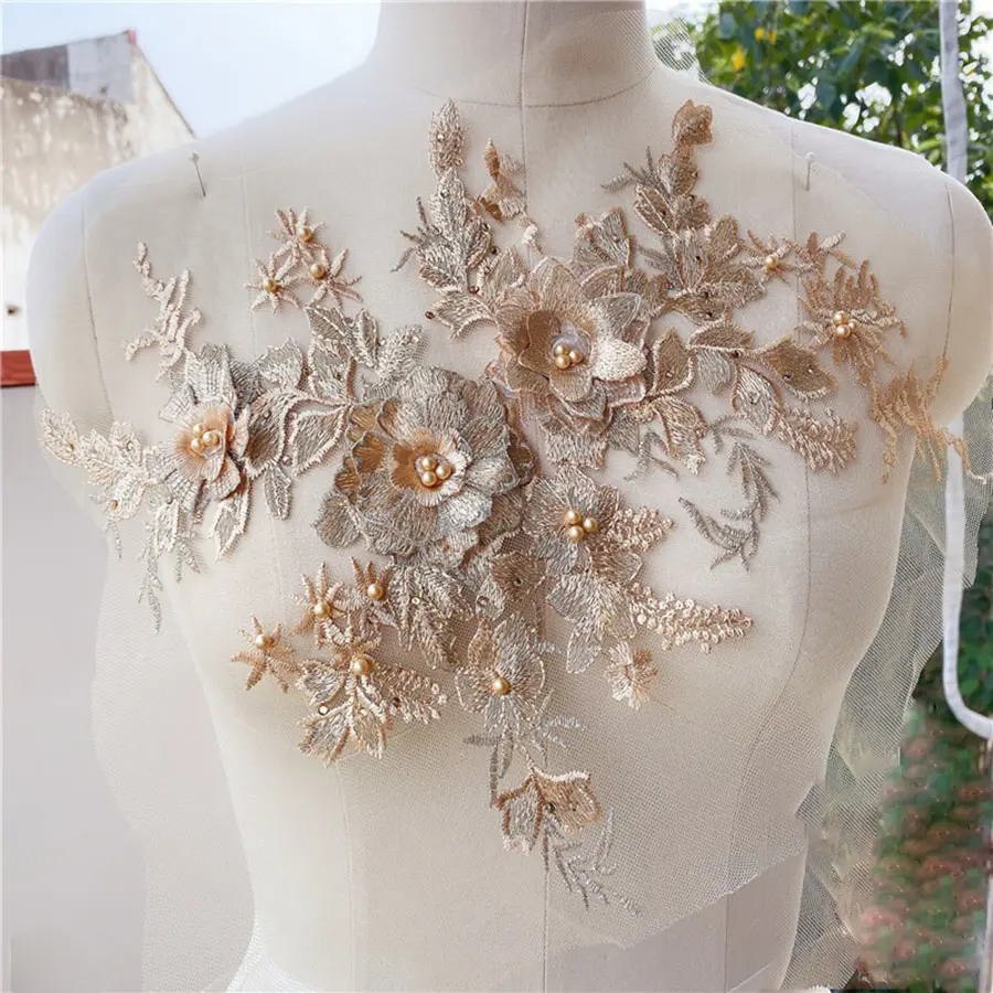1Pcs Beaded Beautiful Piece Handmade Pearls Crystal Rhinestone Patch Wedding Dress Applique Accessories Patch