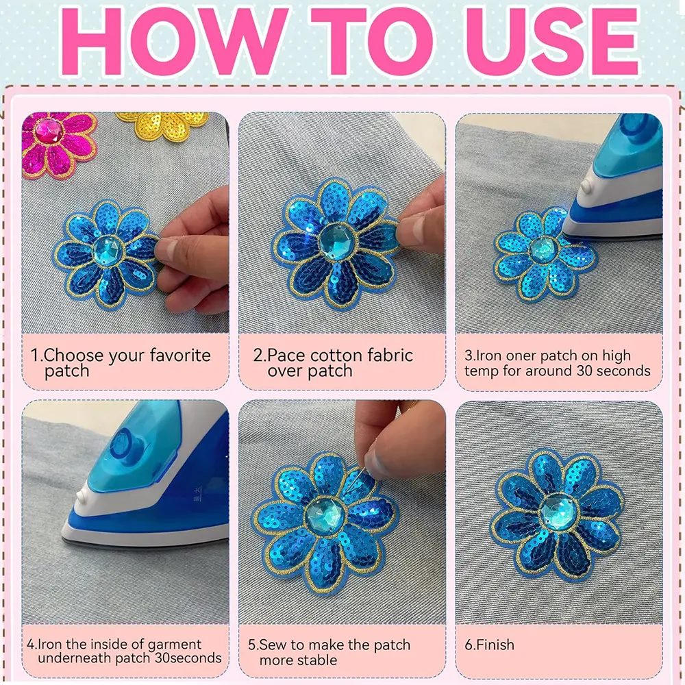 5Pcs Flower Sequined Appliques Iron on Embroidered Patches for Clothing Bags  Jackets Jeans Curtain DIY Accessory Craft Decal