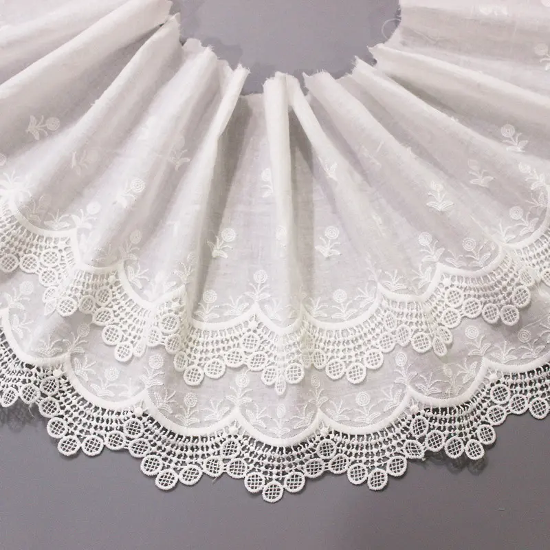 1 Yard White Embroidery Flower Lace Fabric Double-Layer Border DIY Clothing Dress Accessories 22CM Wide