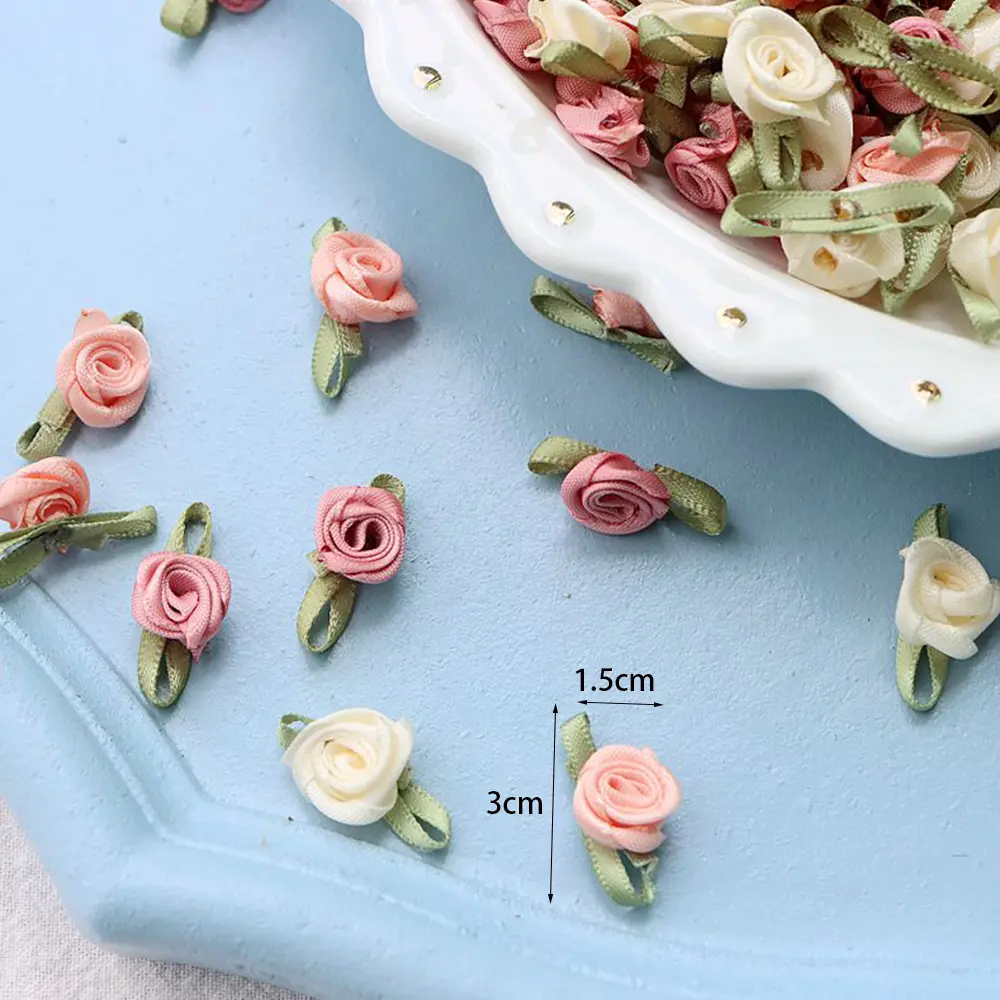 100Pcs Rose Flowers Embroidery Patch Make Satin Appliques For Dress Wedding Decor Headwear Bags Accessories Iron On Patch Craft