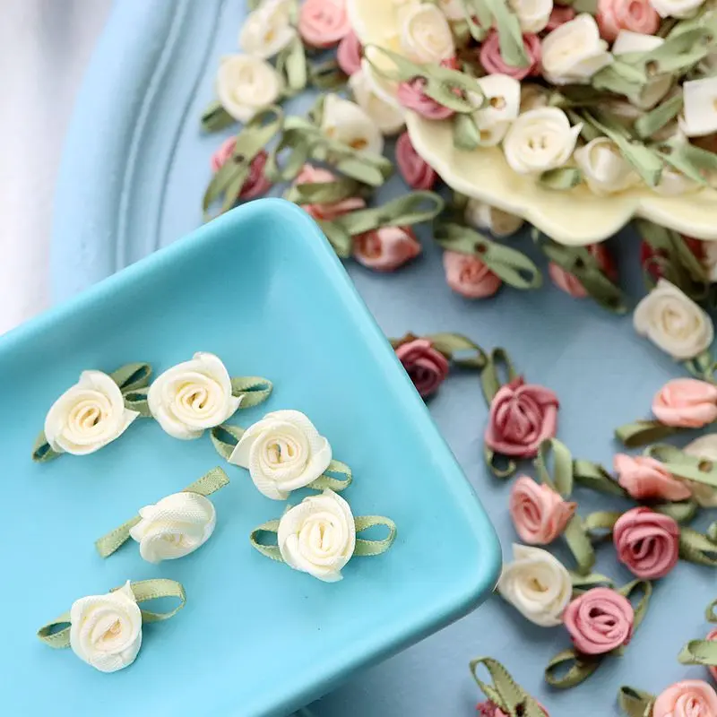 100Pcs Rose Flowers Embroidery Patch Make Satin Appliques For Dress Wedding Decor Headwear Bags Accessories Iron On Patch Craft