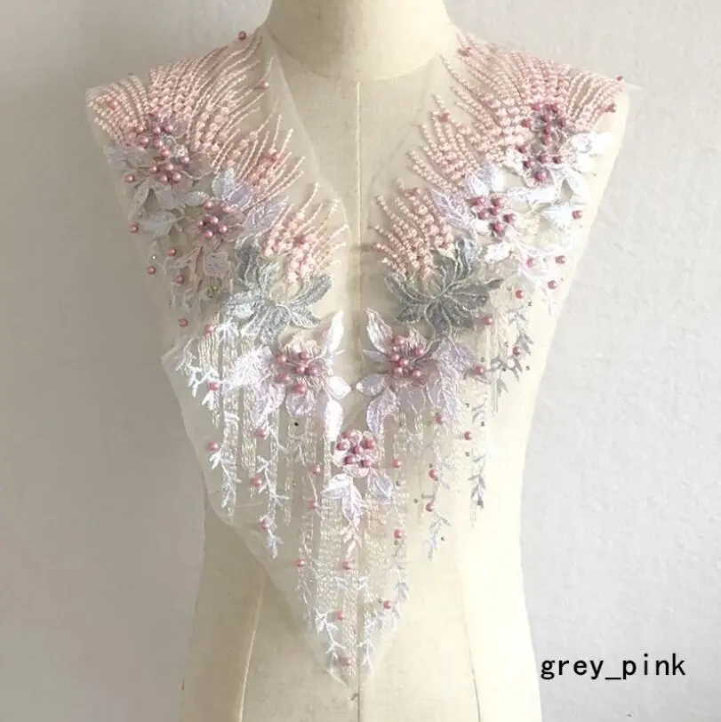 Pink Blue Sequin Pearl Appliques Sew On Patches Lace Fabric Neckline Collar Mesh Embroidery For Wedding Gown DIY Decoration
