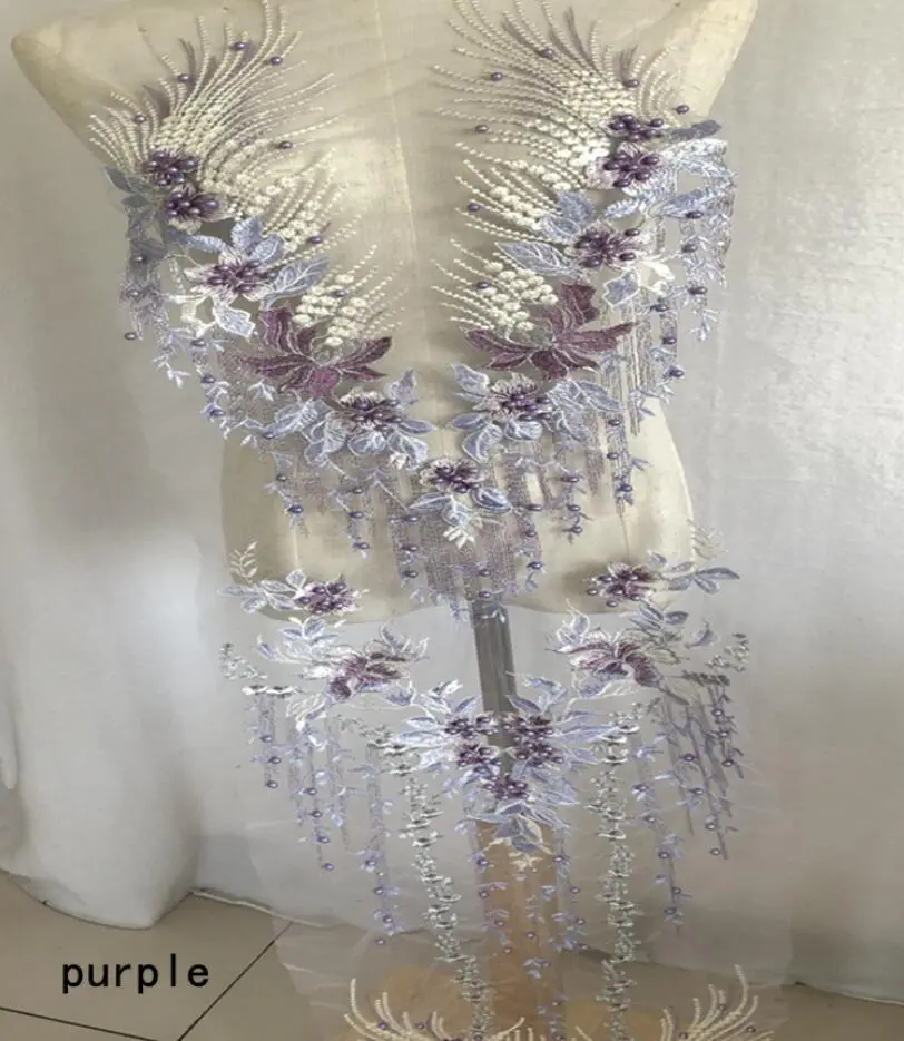 Pink Blue Sequin Pearl Appliques Sew On Patches Lace Fabric Neckline Collar Mesh Embroidery For Wedding Gown DIY Decoration
