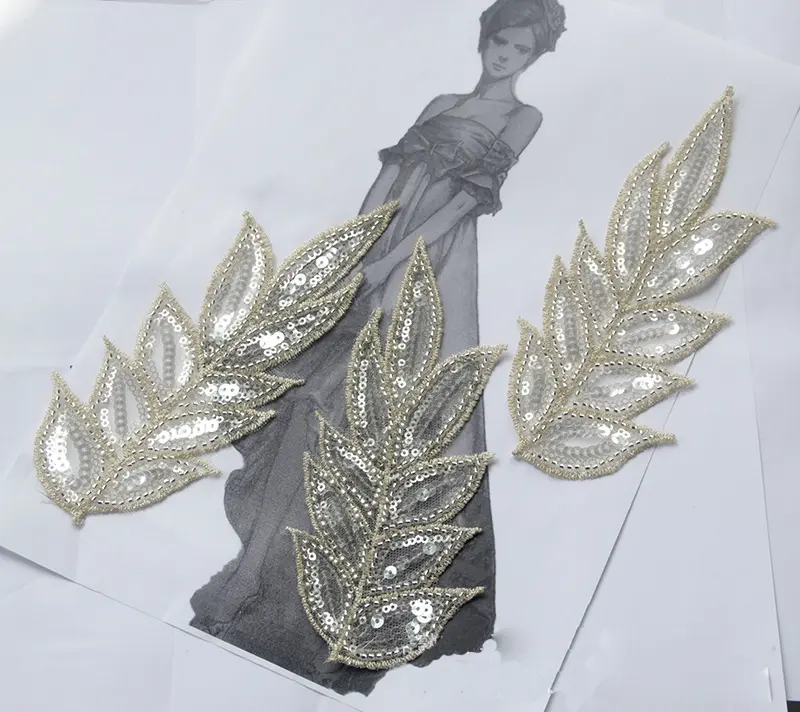 2Pcs Champagne Embroidery Flower Leaf Patch Lace Fabric Patches Sewing Clothing Wedding Dress Clothes Accessories