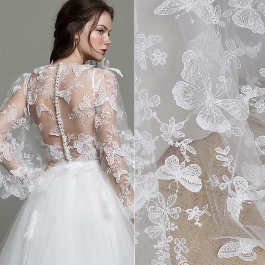 1 Yard Black and White Butterfly Flower Embroidery Lace Chiffon Fabric Clothing Wedding Dress DIY Craft Decoration 150CM