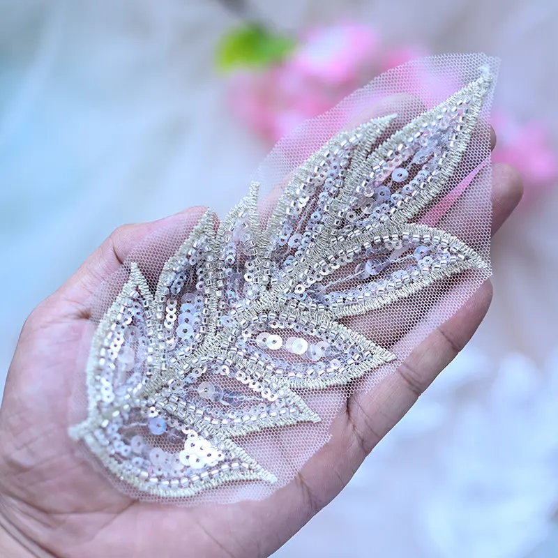 2Pcs Champagne Embroidery Flower Leaf Patch Lace Fabric Patches Sewing Clothing Wedding Dress Clothes Accessories