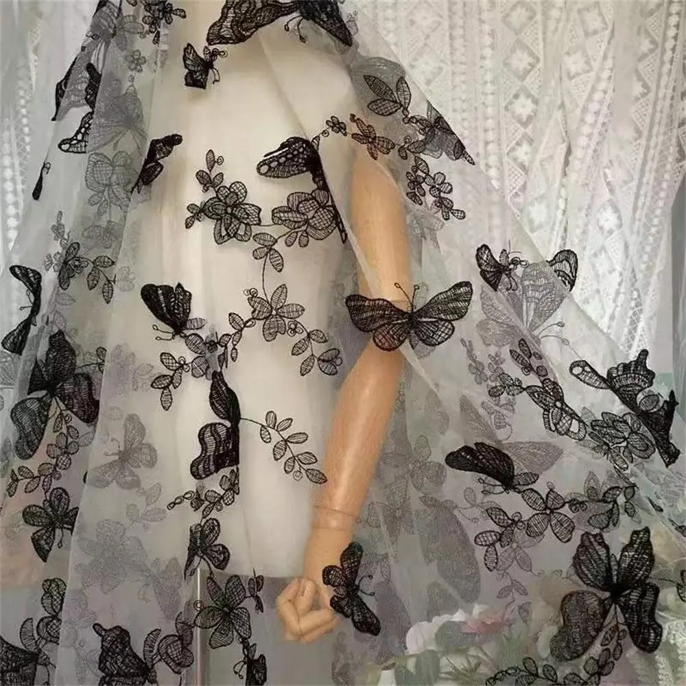 1 Yard Black and White Butterfly Flower Embroidery Lace Chiffon Fabric Clothing Wedding Dress DIY Craft Decoration 150CM
