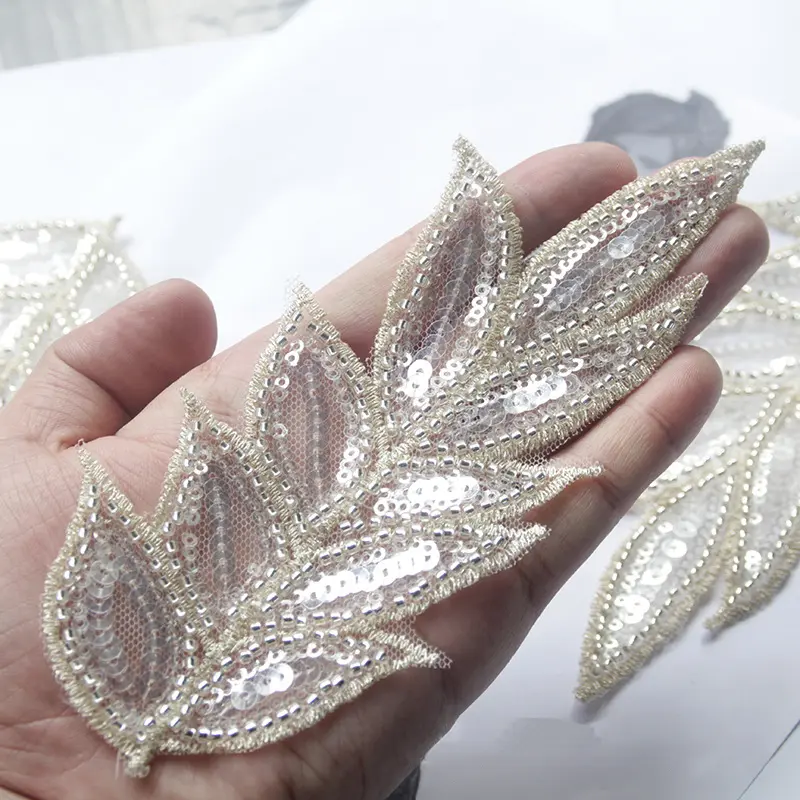 2Pcs Champagne Embroidery Flower Leaf Patch Lace Fabric Patches Sewing Clothing Wedding Dress Clothes Accessories