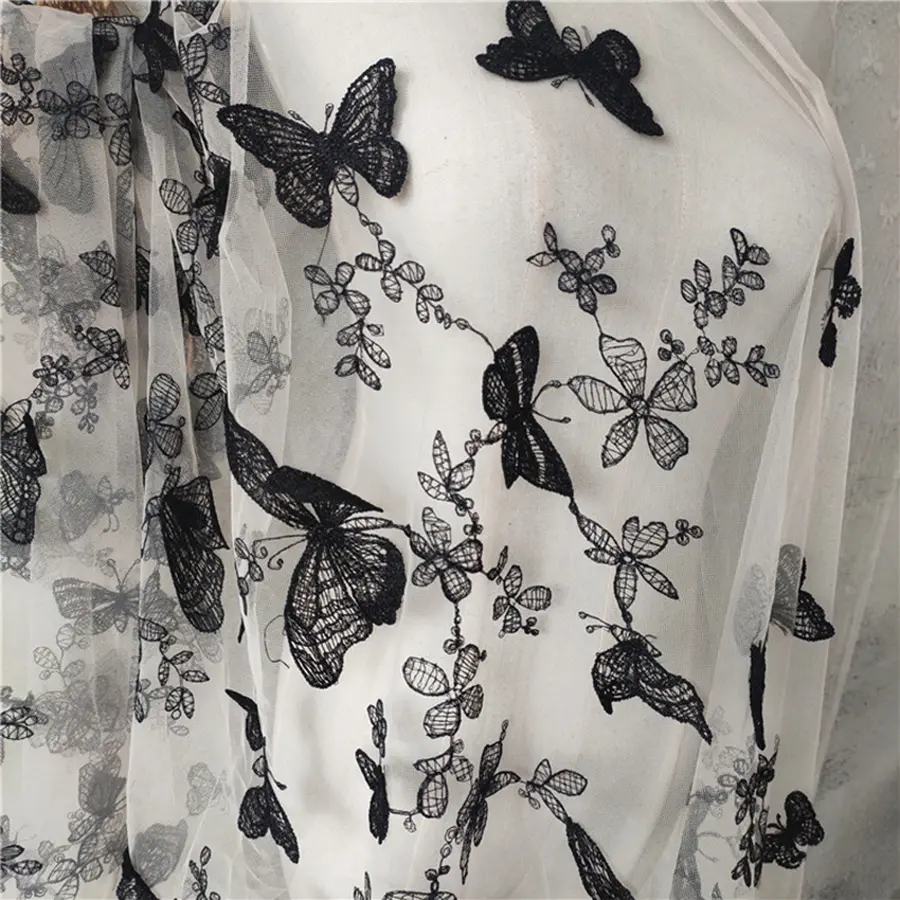 1 Yard Black and White Butterfly Flower Embroidery Lace Chiffon Fabric Clothing Wedding Dress DIY Craft Decoration 150CM