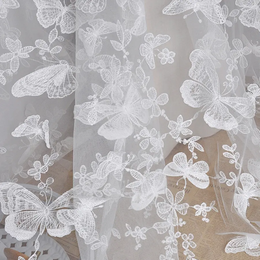 1 Yard Black and White Butterfly Flower Embroidery Lace Chiffon Fabric Clothing Wedding Dress DIY Craft Decoration 150CM