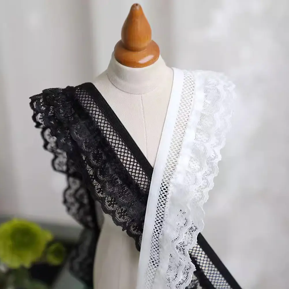 1Yard Black White Ruffle Wave  Embroidery Lace Fabric Trim Clothing Dress Bags Wedding Home Decoration Handmade Sewing Crafts