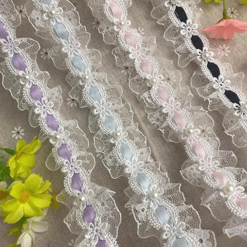 1Yard Bead Flower Embroidery Lace Fabric Trim DIY Clothing Wedding Home Bags Headwear Decoration Handmade Sewing Crafts Supplies