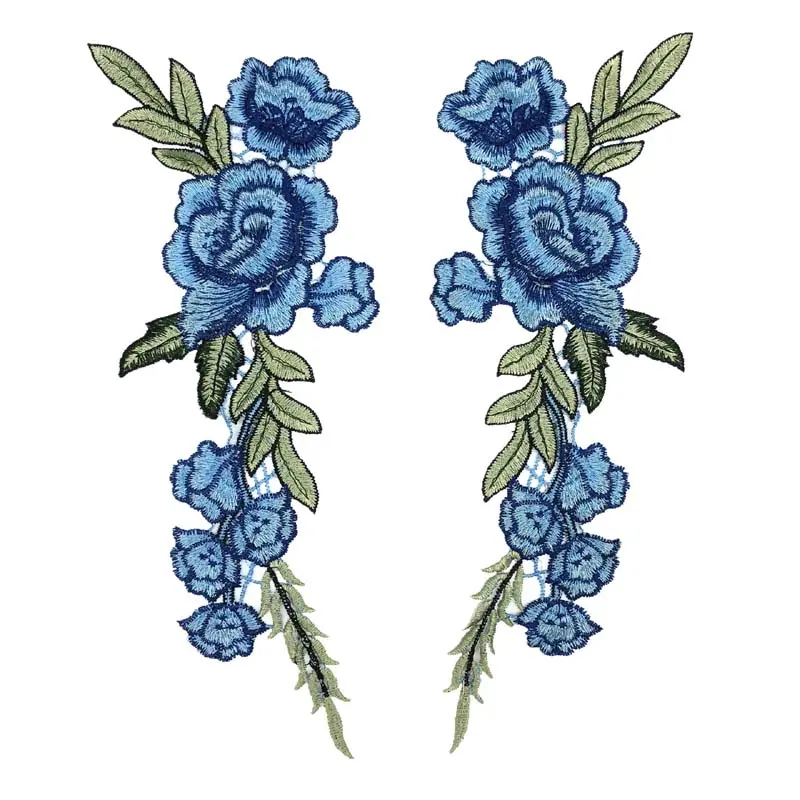 1 Pair Blue Flower Lace Fabric Embroidered Gown Appliques Collar Tulle Mesh Sew Patch For Wedding Dress Decoration