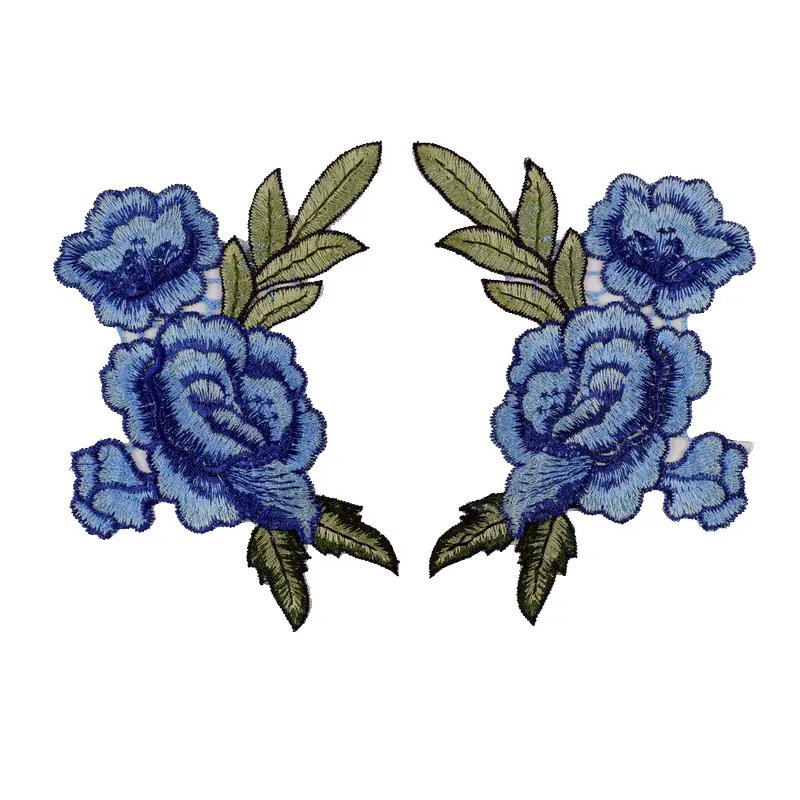 1 Pair Blue Flower Lace Fabric Embroidered Gown Appliques Collar Tulle Mesh Sew Patch For Wedding Dress Decoration