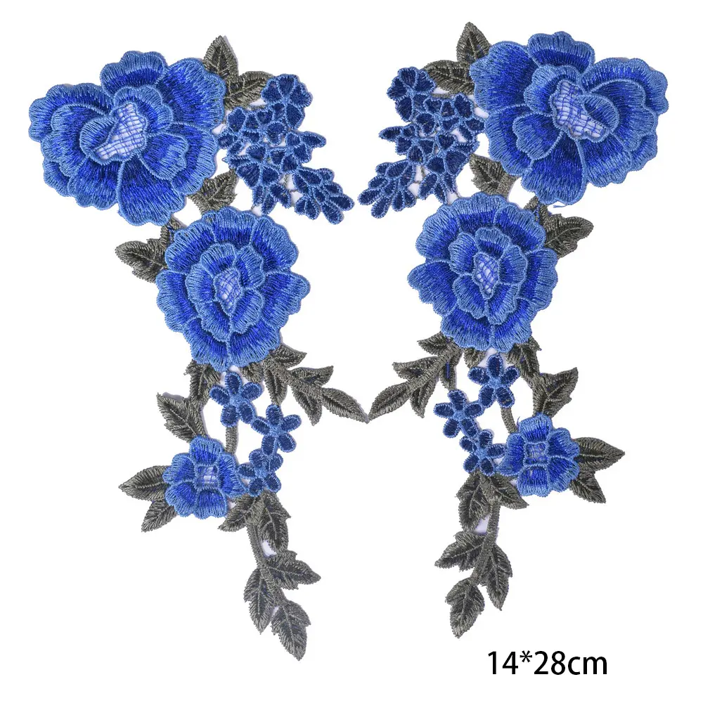 1 Pair Blue Flower Lace Fabric Embroidered Gown Appliques Collar Tulle Mesh Sew Patch For Wedding Dress Decoration