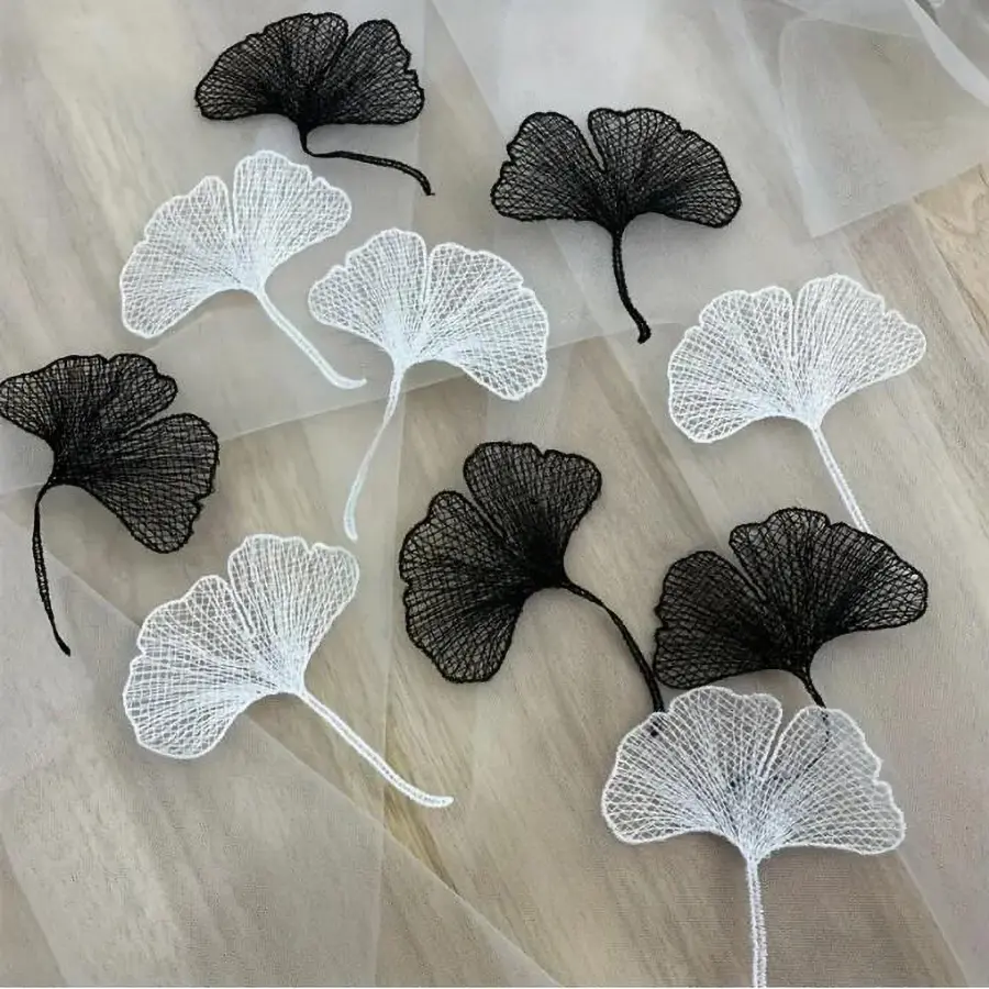 5 Pieces of Black and White Lace Ginkgo Leaves Flower Embroidery Lace Fabric Decal Repair Clothing
