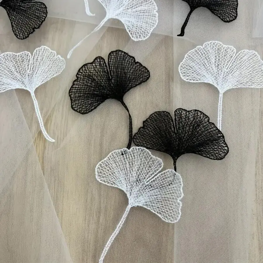 5 Pieces of Black and White Lace Ginkgo Leaves Flower Embroidery Lace Fabric Decal Repair Clothing