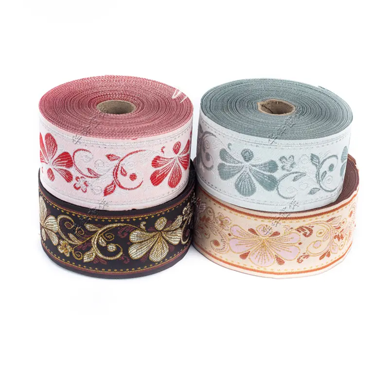 1Meter Woven Jacquard Ribbon Green Gold Pink Flower Lace Fabric 6CM Wide